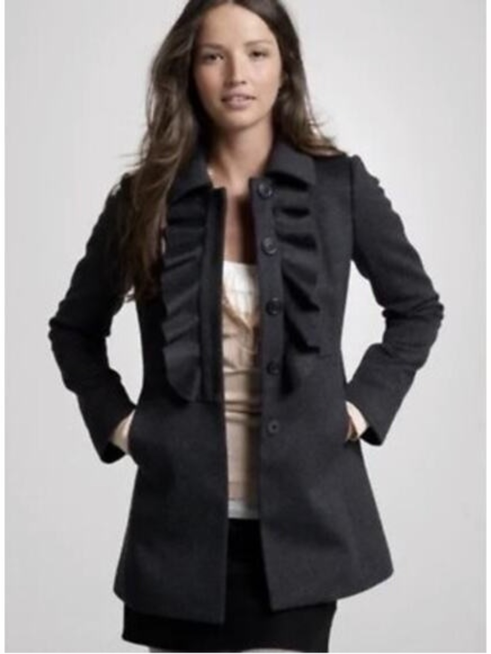 J. Crew Women Black Ruffle-Front Pea Coat Wool Blend sz. 0
